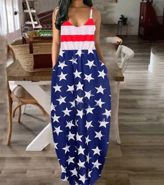 Women's USA Deep V Sling Print Maxi Dress (One Piece)