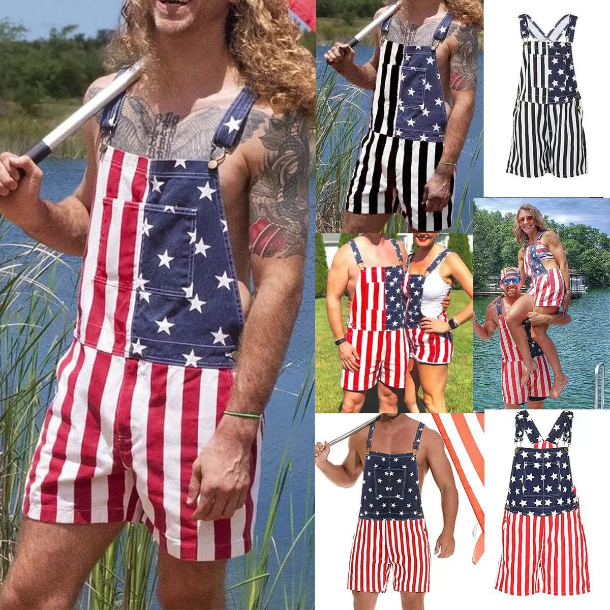 USA Flag Couple Overalls